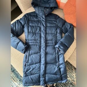 LL Bean blue women’s long puffer coat